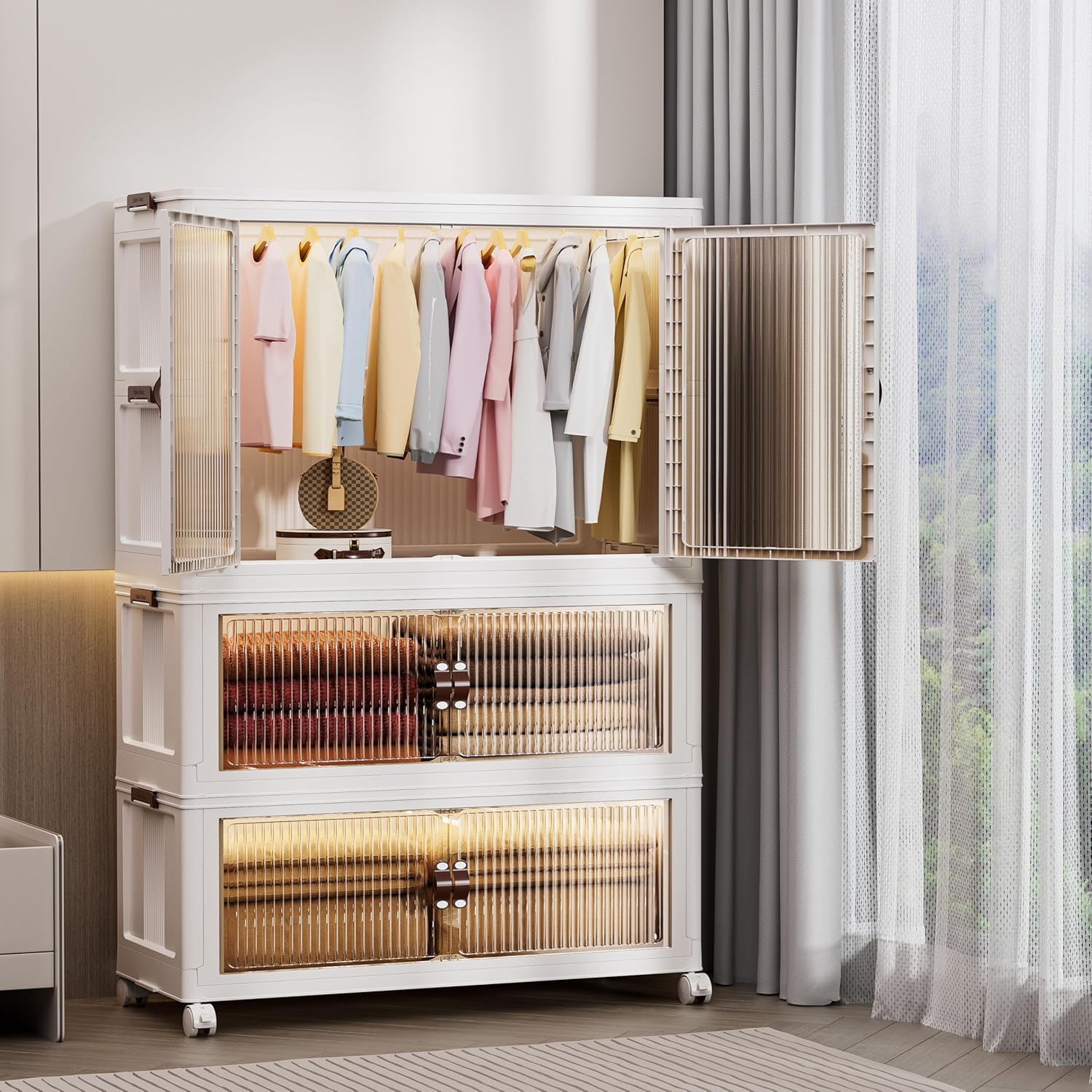 Stackable Closet Storage Bins, Foldable Clothing Storage Box With Lid, Portable Wardrobe With Lid and Door, Movable Folding Cabinet Suitable for Bedroom Office.